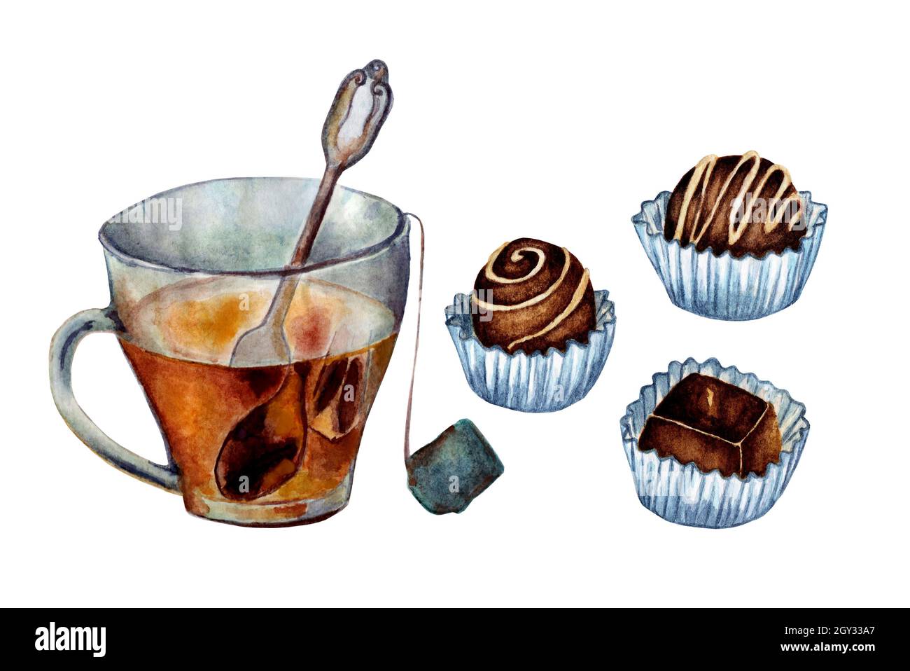 Illusion d'aquarelle d'une tasse de thé transparente avec un sac et des chocolats sur le dos.Un verre de thé et de bonbons.Isolé sur fond blanc.DRA Banque D'Images