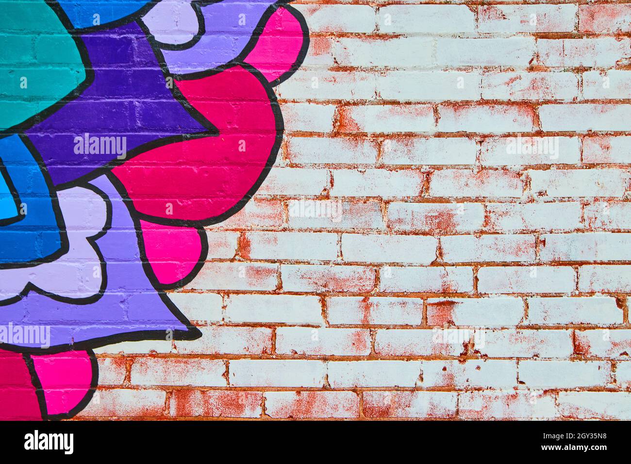 Brique rouge et blanche exposée avec coin de la peinture de fleur colorée Banque D'Images