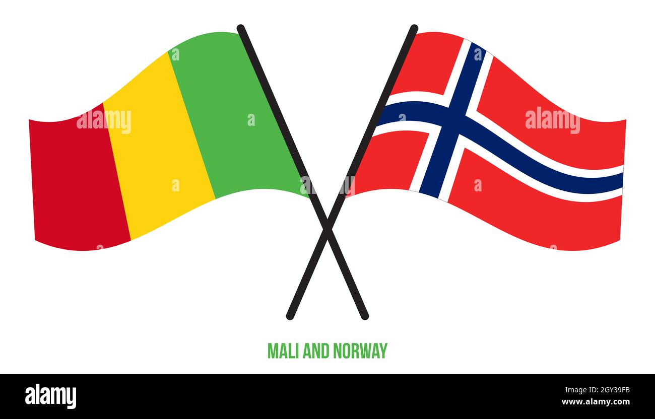Mali et Norvège drapeaux croisés et ondulant le style plat.Proportion officielle.Corriger les couleurs. Banque D'Images