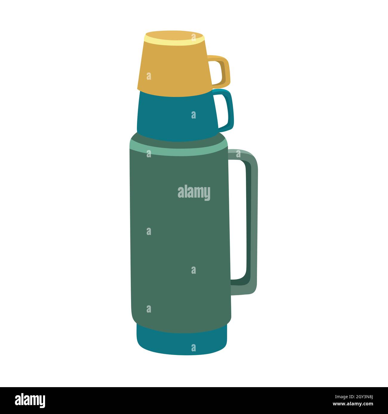 En plus, il y a un thermos vert et bleu, sur lequel il y a 2 tasses en plastique illustration vectorielle Illustration de Vecteur