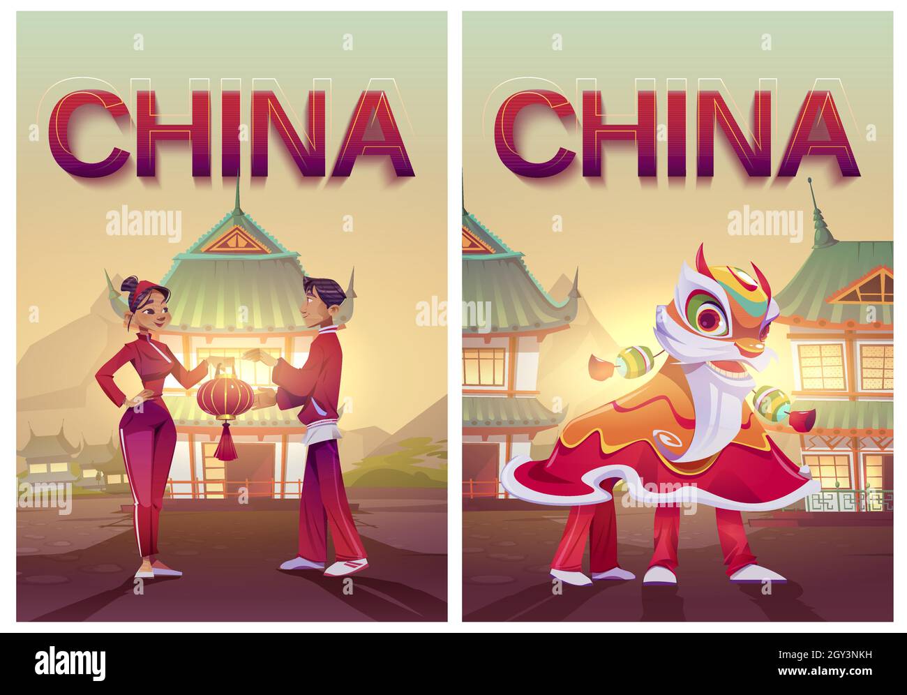 La Chine voyage des affiches de dessins animés avec la danse du lion et des gens dans les costumes traditionnels et lanterne rouge dans le village chinois.Excursion asiatique, invitation à la célébration lunaire du nouvel an illustration du vecteur Illustration de Vecteur