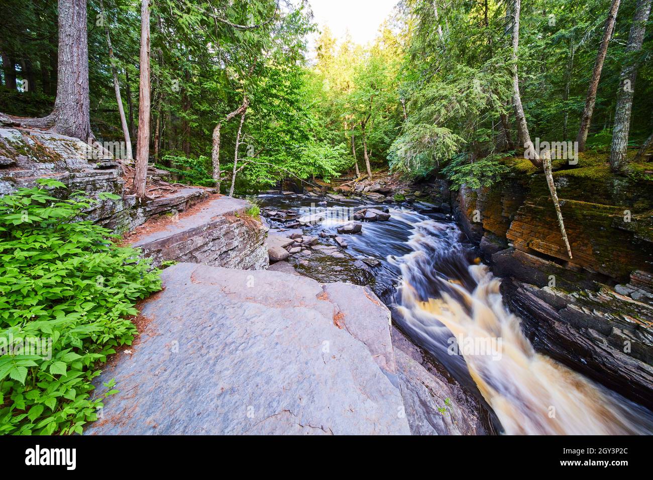 Vue sur les grandes gorges du canyon avec rivière blanche de petites cascades Banque D'Images