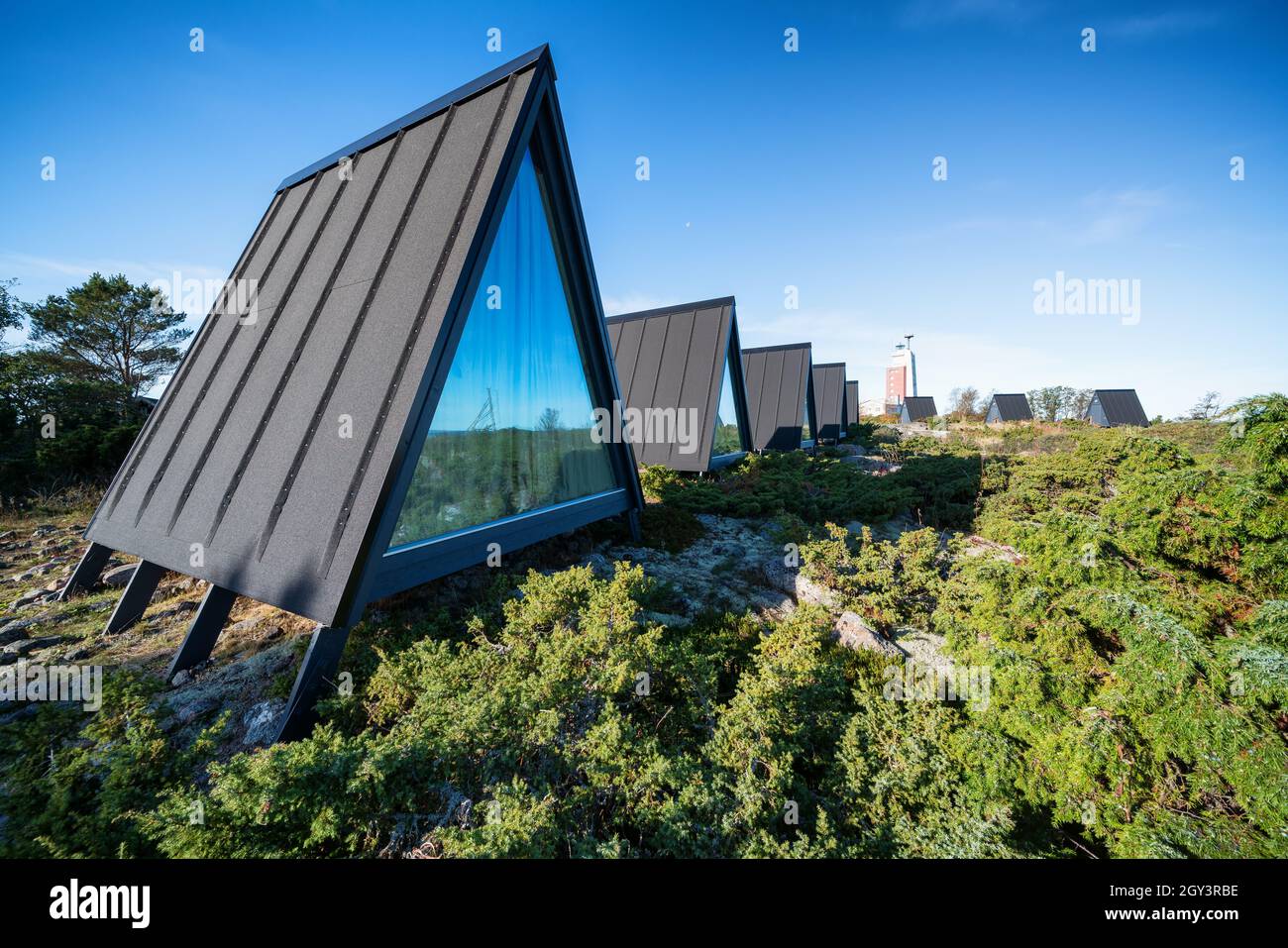 Logements huttes à l'île du phare de Kylmäpihlaja, Rauma, Finlande Banque D'Images