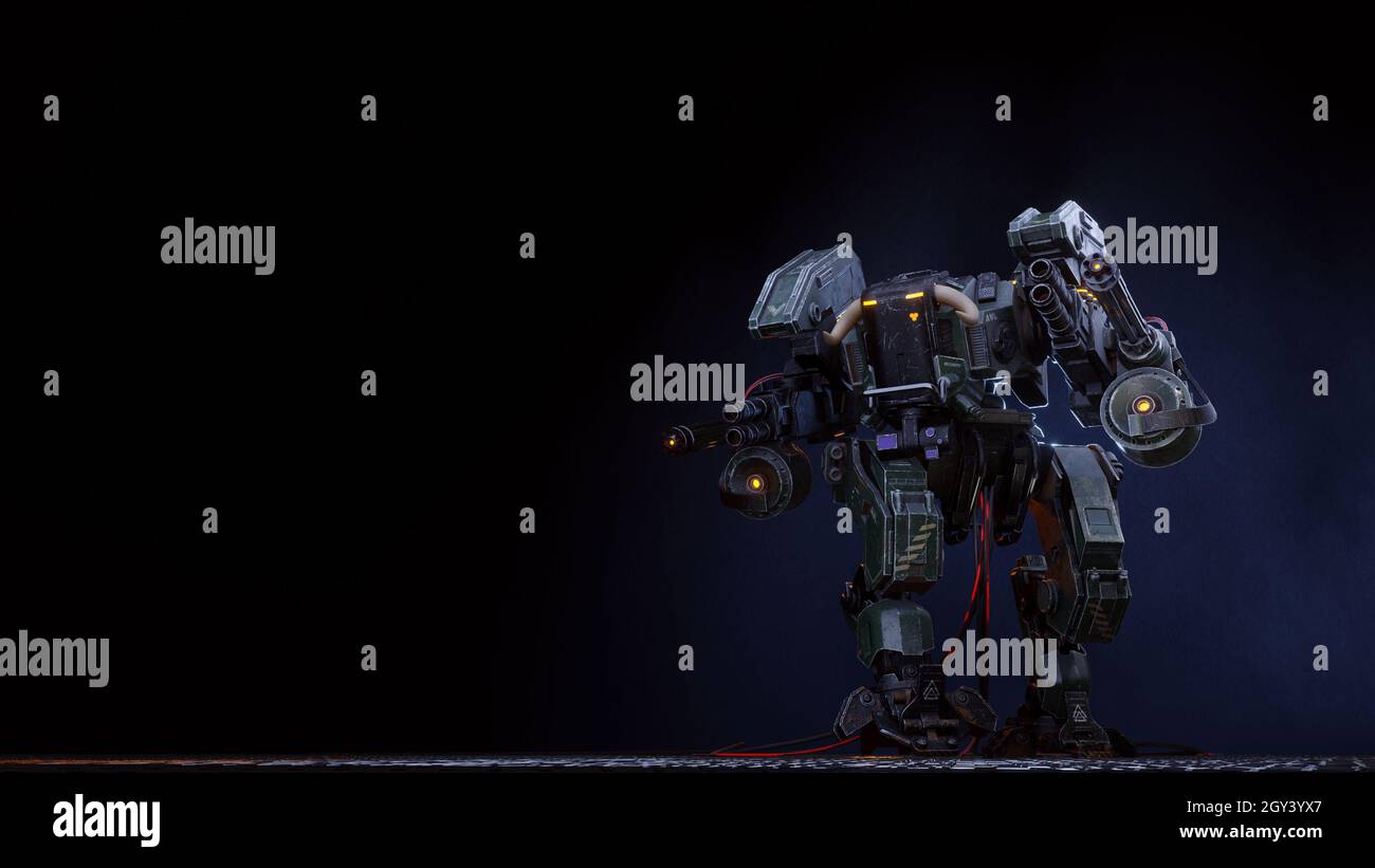 grand robot de combat sur fond sombre Banque D'Images