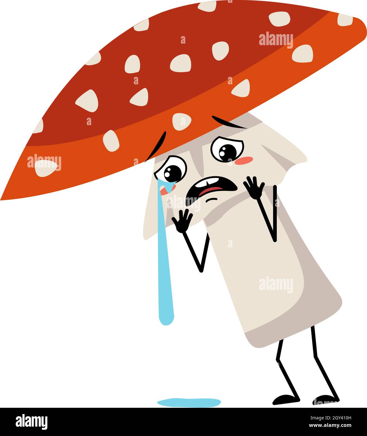 Adorable personnage amanita avec des pleurs et des larmes, une émotion, un visage triste, des yeux dépressifs, des bras et des jambes.Mouche agarique Mushroom de la forêt avec l'expression mélancolique Illustration de Vecteur