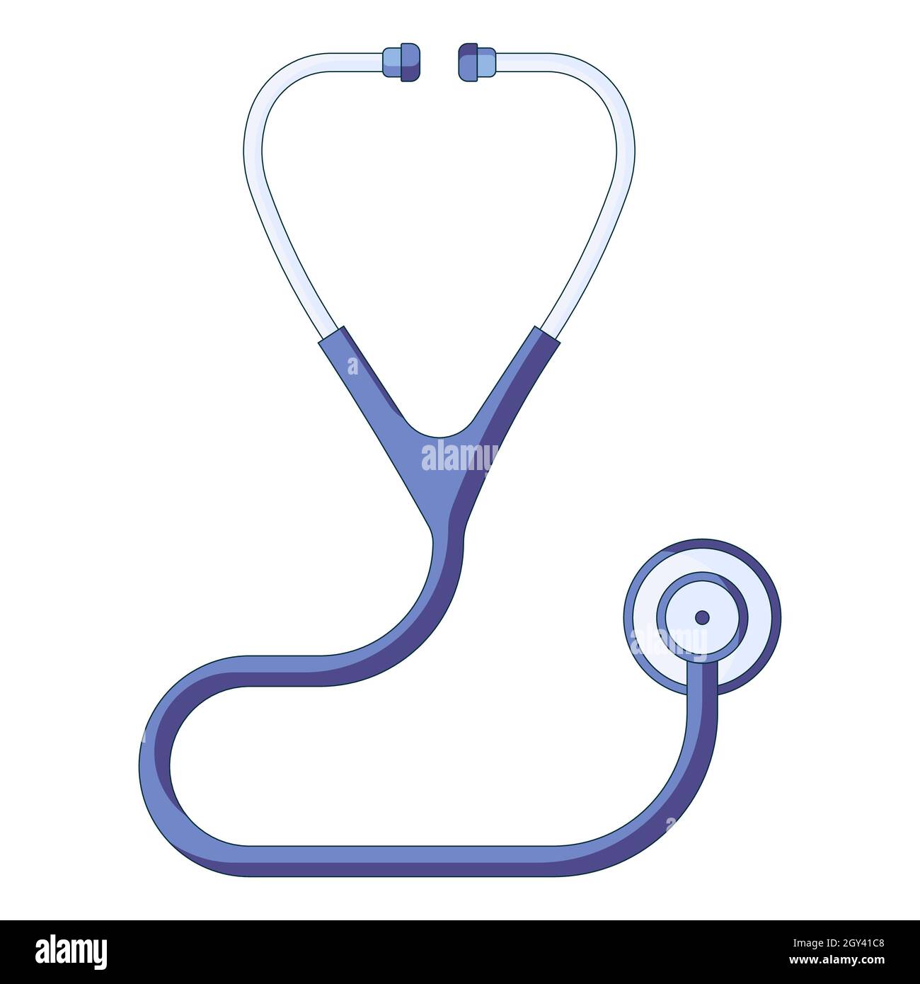 Icône d'un stéthoscope médical bleu, concept de soins de santé et de premiers soins dans un style plat isolé sur un fond blanc. Illustration de Vecteur