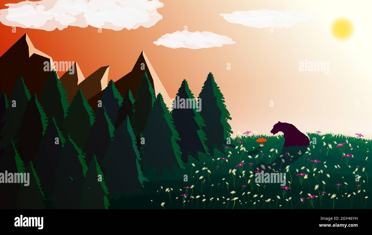 Paysage polygonal avec un ours sur une pelouse verte avec des fleurs et un champignon rouge.Forêt de conifères et montagnes à l'arrière-plan. Illustration de Vecteur