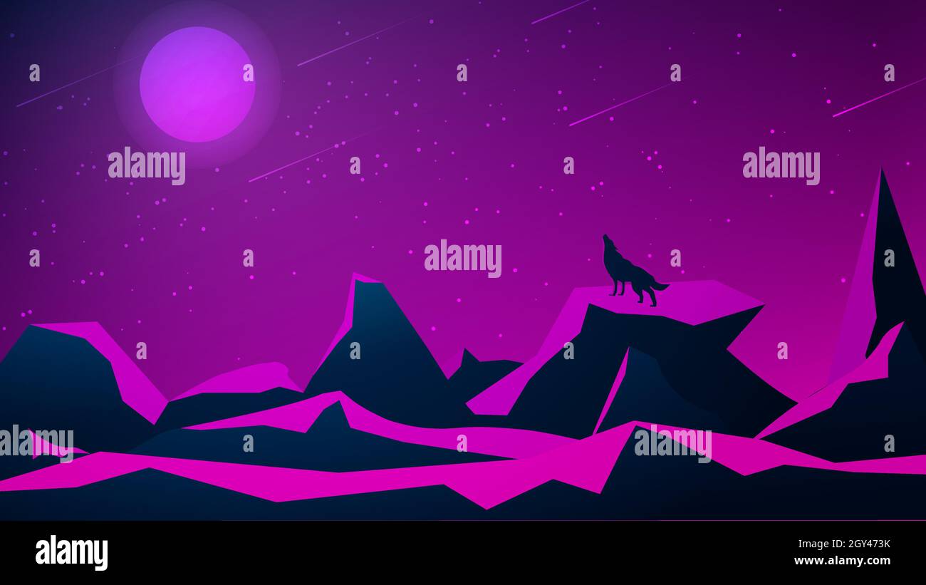 Paysage de nuit polygonal futuriste avec des montagnes et un loup hurlant sur la lune.Ciel étoilé violet avec lune et douche météore.Illustration vectorielle Illustration de Vecteur Paysage de nuit polygonal futuriste avec des montagnes et un loup hurlant sur la lune.Ciel étoilé violet avec lune et douche météore.Illustration vectorielle Illustration de Vecteur