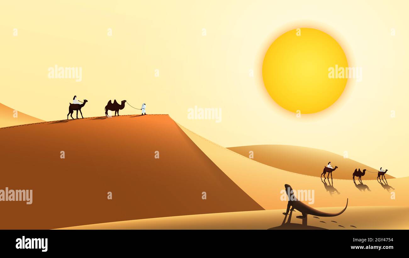 Paysage désertique avec une caravane de chameaux et des personnes marchant le long des dunes de sable.Le lézard est sous le soleil.Illustration vectorielle. Illustration de Vecteur