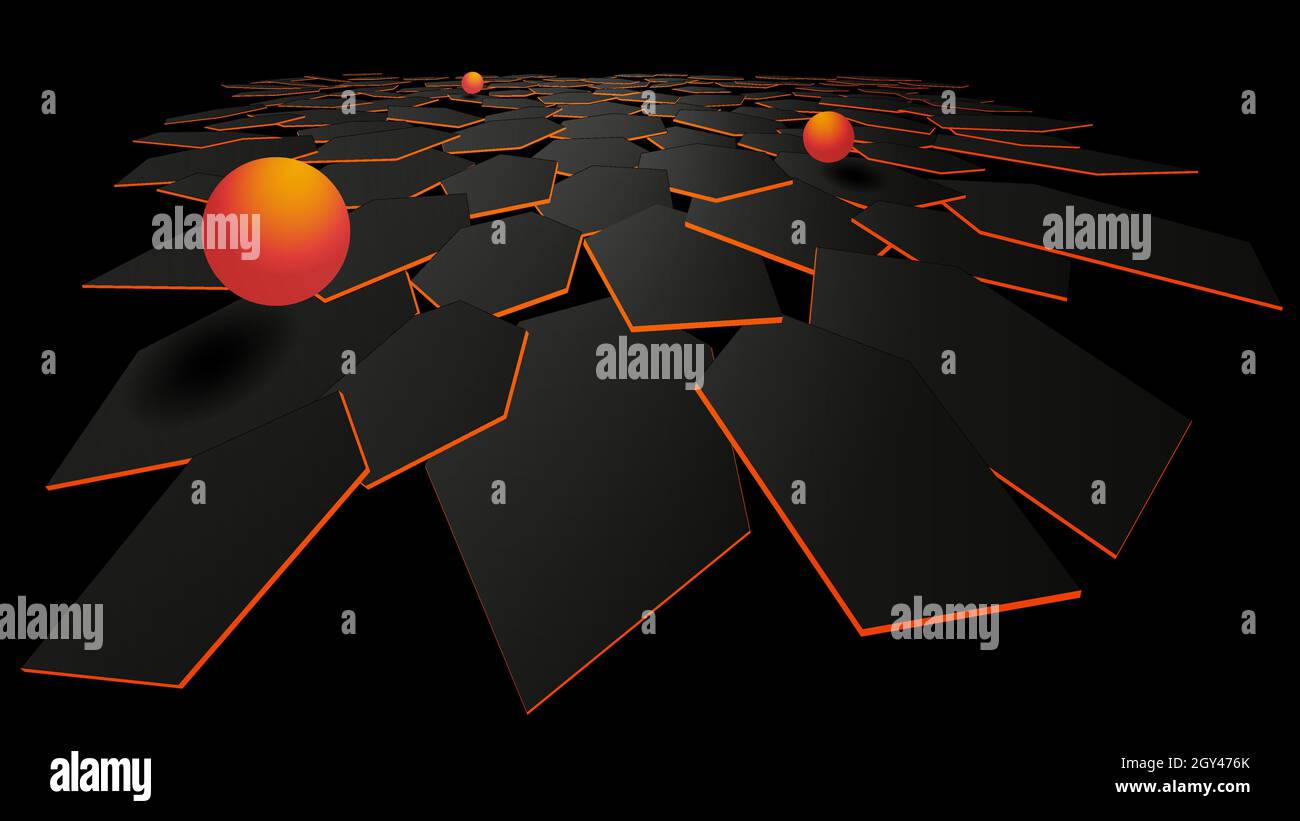 Arrière-plan polygonal 3D élégant et moderne avec un plan d'hexagones et des boules orange avec ombre.Hexagones sombres dans le plan et le bord orange.Multicouches c Illustration de Vecteur