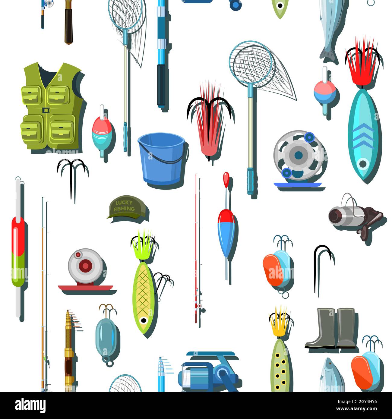 Marchandises pour la pêche. Équipement et accessoires pour les loisirs et la chasse sur les réservoirs. Vente de cannes à pêche et de vêtements. Motif sans couture Illustration de Vecteur