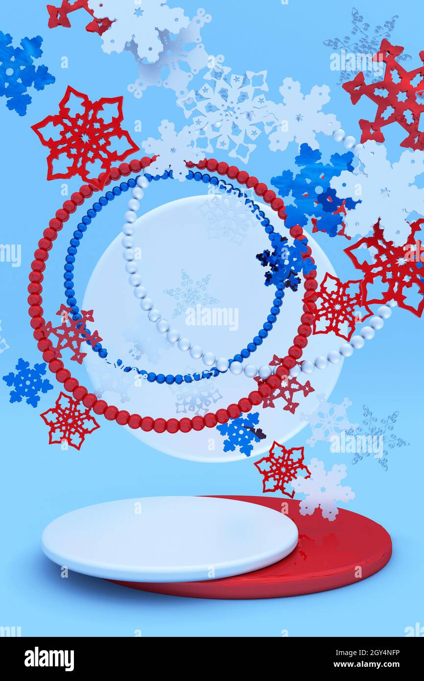 Abstrait rouge bleu blanc festif 3D podium avec des flocons de neige de Noël.Maquette d'hiver créative pour les fêtes du nouvel an, les promotions, les fêtes et les événements. Banque D'Images