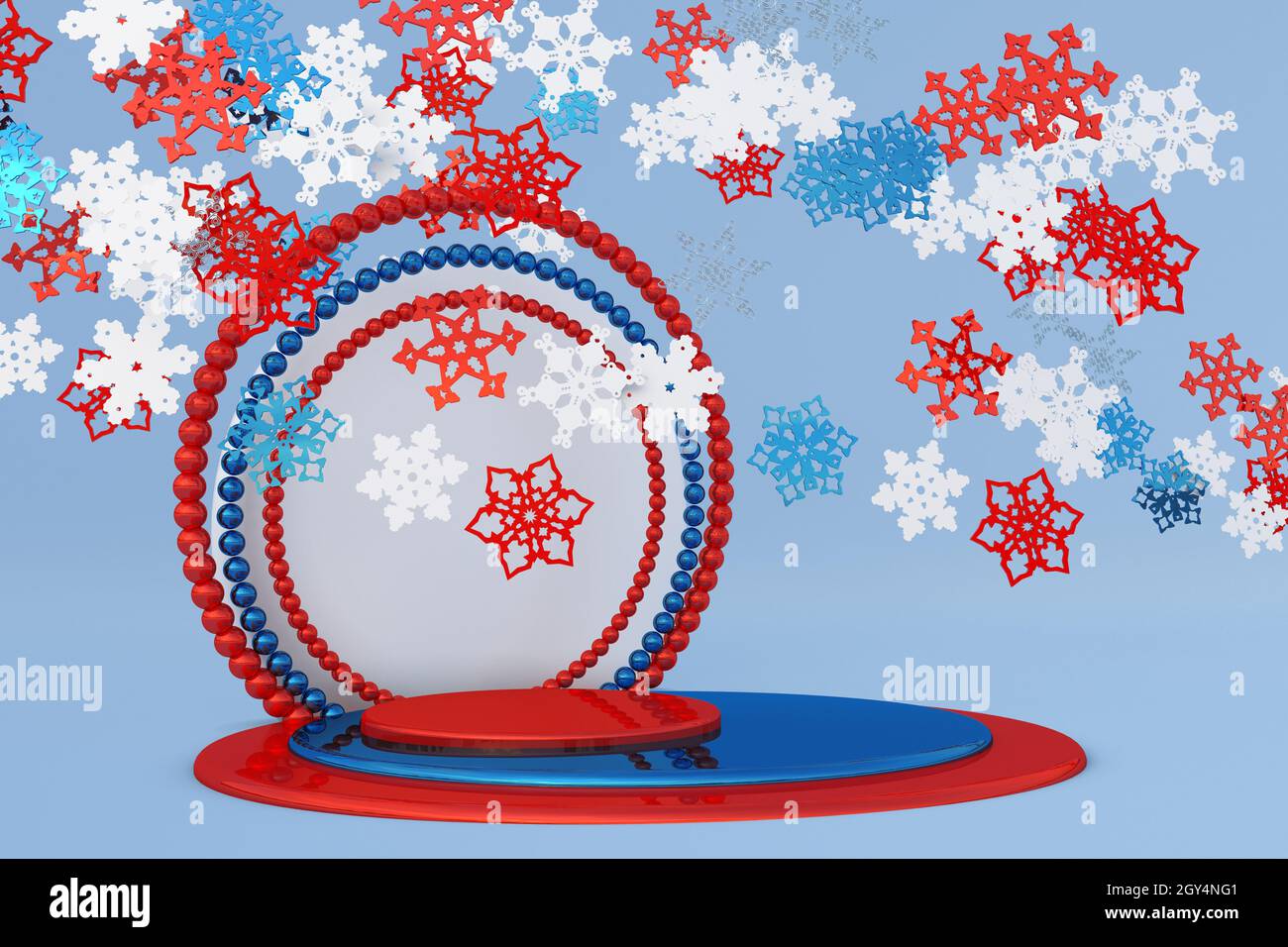 Abstrait rouge bleu blanc festif 3D podium avec des flocons de neige de Noël.Maquette d'hiver créative et lumineuse pour les fêtes du nouvel an, les promotions, les fêtes et les événements. Banque D'Images