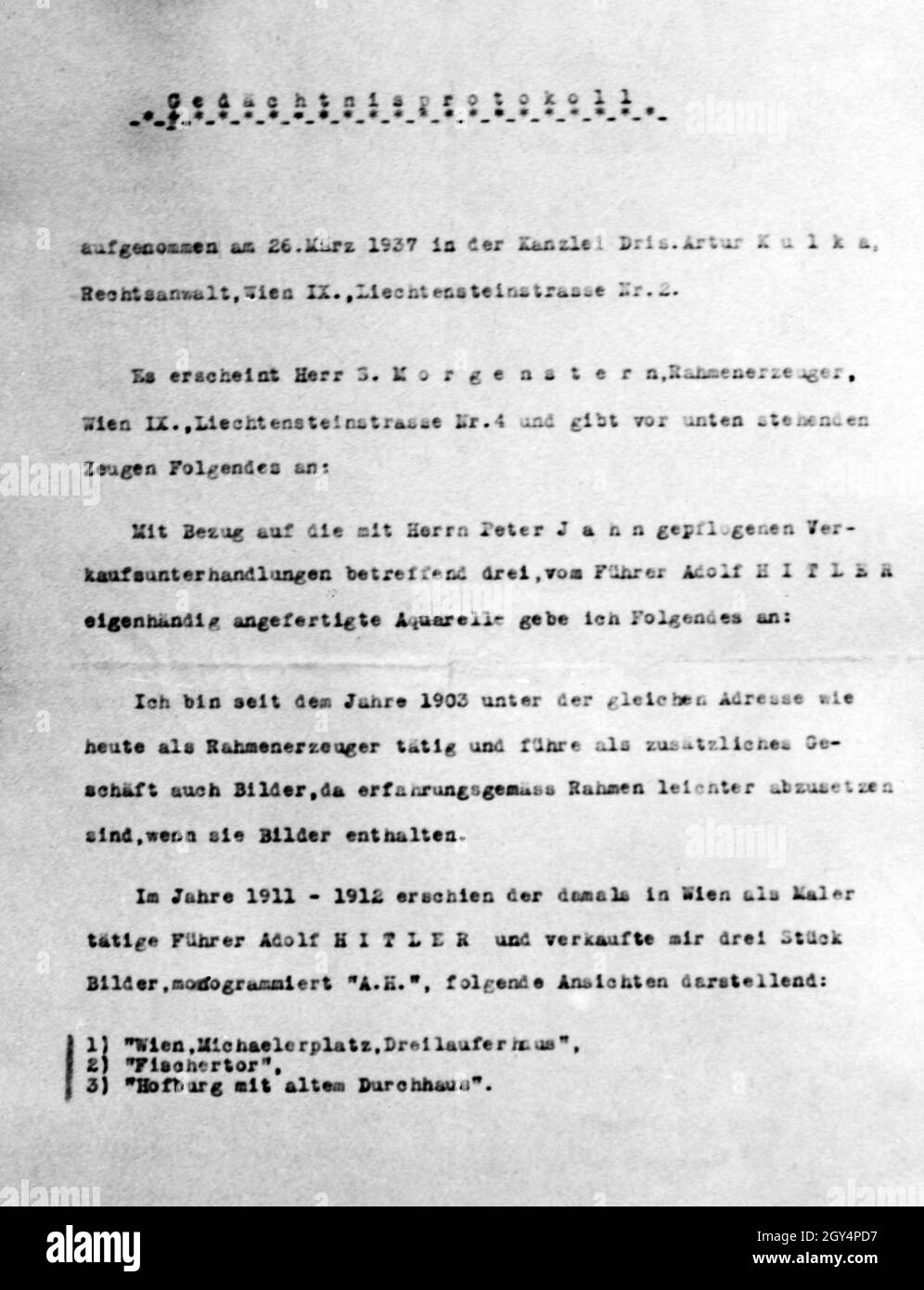 « un protocole commémoratif indique que le marchand de cadres S. Morgenstern a acheté trois photos du peintre Adolf Hitler en 1911-12.Ce sont les images 1.''Vienne, Michaelerplatz, Dreiläuferhaus', 2.''Fischertor'', 3.''Hofburg mit altem Durchhaus''.[traduction automatique]' Banque D'Images