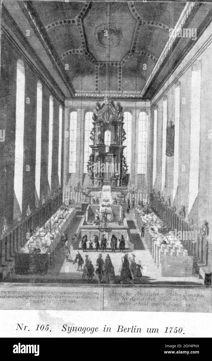 Le dessin montre l'intérieur de l'ancienne synagogue de Heidereutergasse à Berlin-Mitte vers l'année 1750.[traduction automatique] Banque D'Images