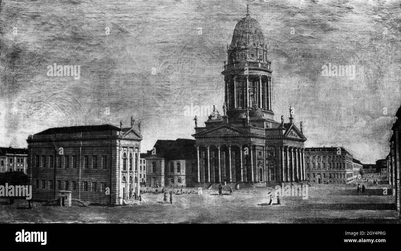Le tableau de Carl Traugott Fechhelm montre le Gendarmenmarkt avec la Maison de la Comédie française (à gauche) et la Cathédrale française (à droite) à Berlin-Mitte en 1788.Markgrafenstrasse est à l'extrême droite.[traduction automatique] Banque D'Images