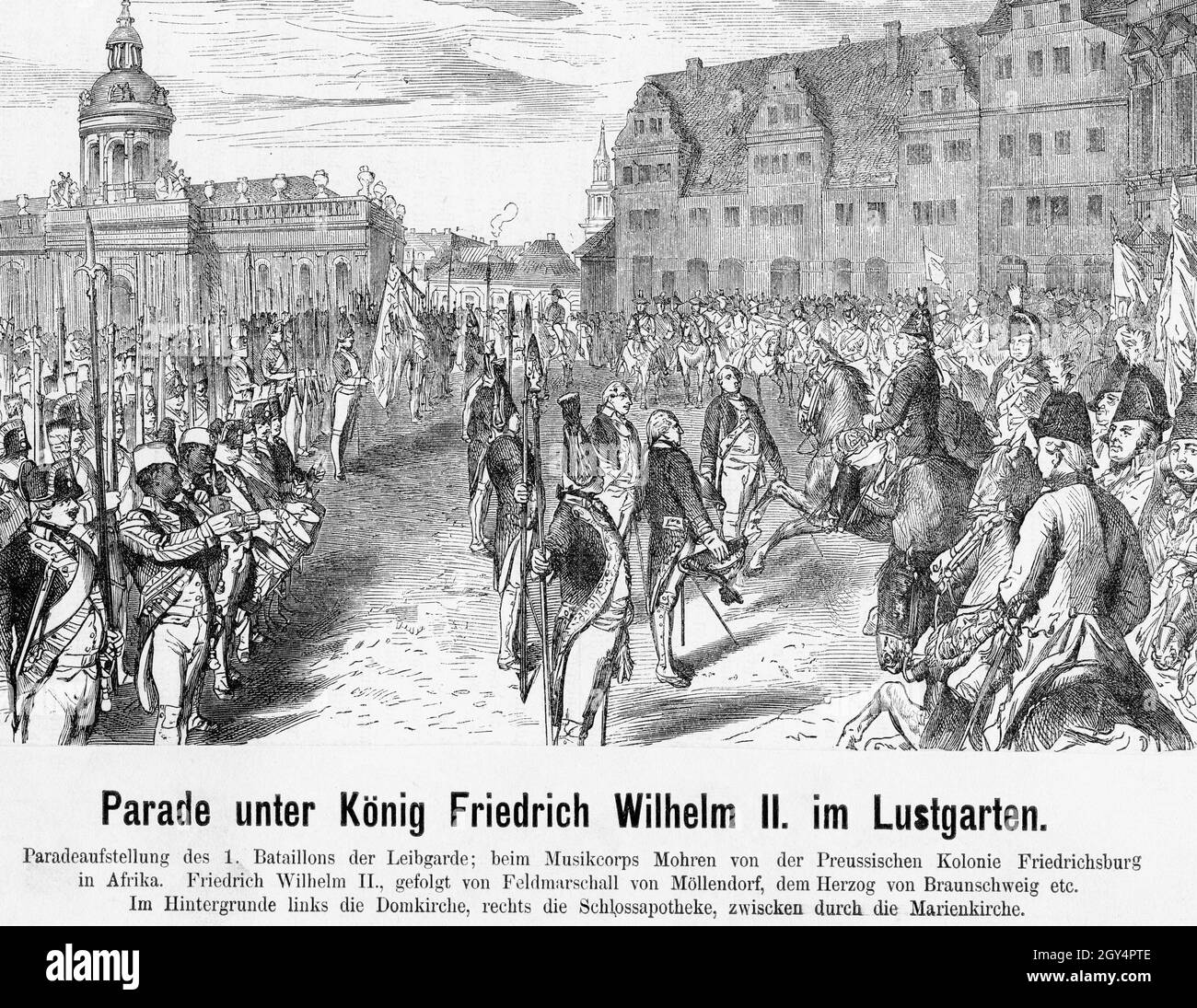 Sous les yeux du roi de Prusse Frederick William II (à droite, assis sur un cheval), une parade a eu lieu dans le Lustgarten.Le 1er Bataillon des gardes de vie est en formation de parade.Les Noirs de la colonie prussienne de Friedrichsburg (à gauche sur l'image) jouent avec le corps musical.Le maréchal von Möllendorf et le duc de Brunswick se trouvent à droite du roi.En arrière-plan, la Domkirche (ancienne cathédrale de Berlin) est visible sur la gauche, la Marienkirche au milieu et la Schlossapotheke sur la droite.Dessin non daté, fabriqué autour de 1790.[traduction automatique] Banque D'Images