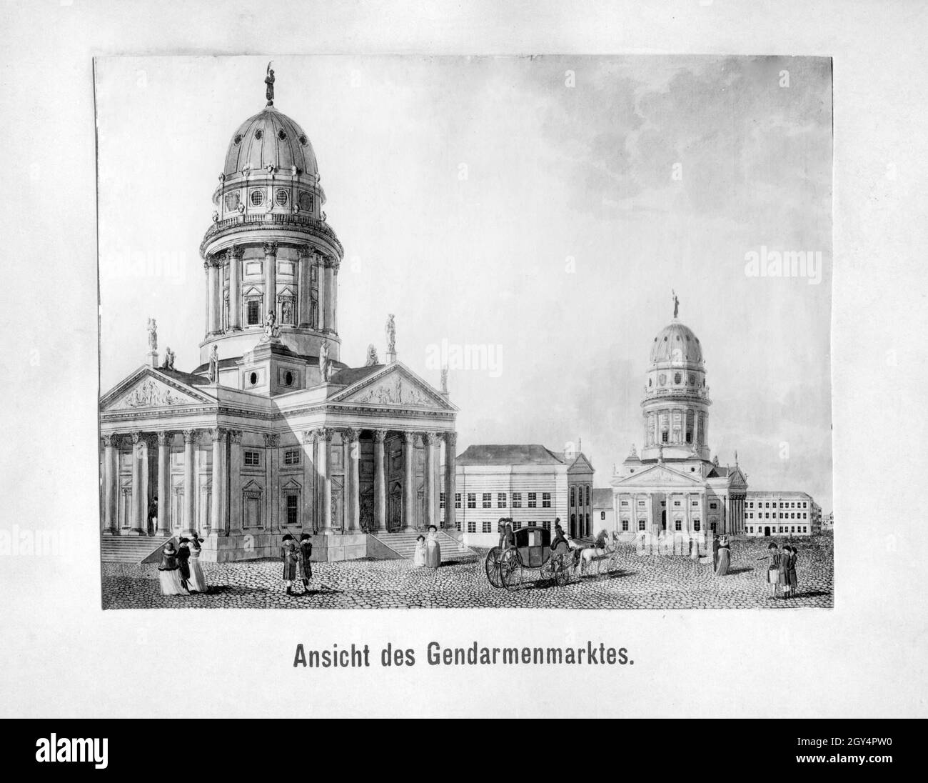 Le tableau montre le Gendarmenmarkt avec la cathédrale allemande (à gauche) et la cathédrale française (à droite) à Berlin-Mitte.Entre eux se trouve la Maison de la comédie française.Non daté, probablement peint autour de 1790.[traduction automatique] Banque D'Images