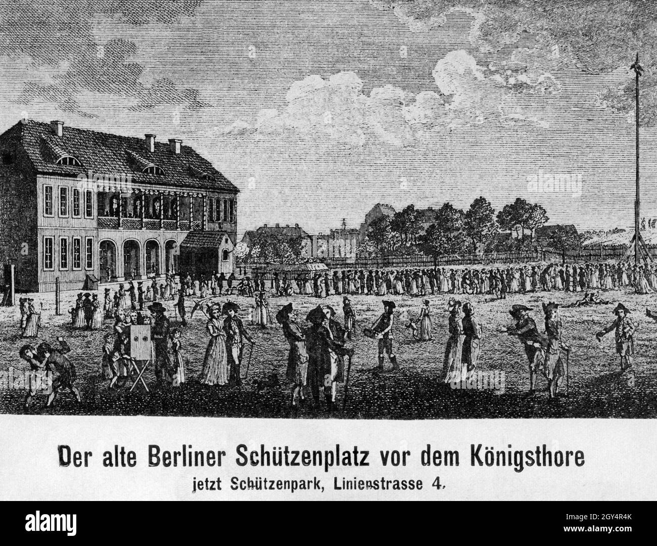 Cette gravure montre un festival sur l'ancienne Schützenplatz à Berlin-Mitte, plus tard Schützenpark à Linienstraße 4.Il était situé en face de la Königsthor au nord-est de la vieille ville.Gravure non datée, probablement faite autour de 1750.[traduction automatique] Banque D'Images