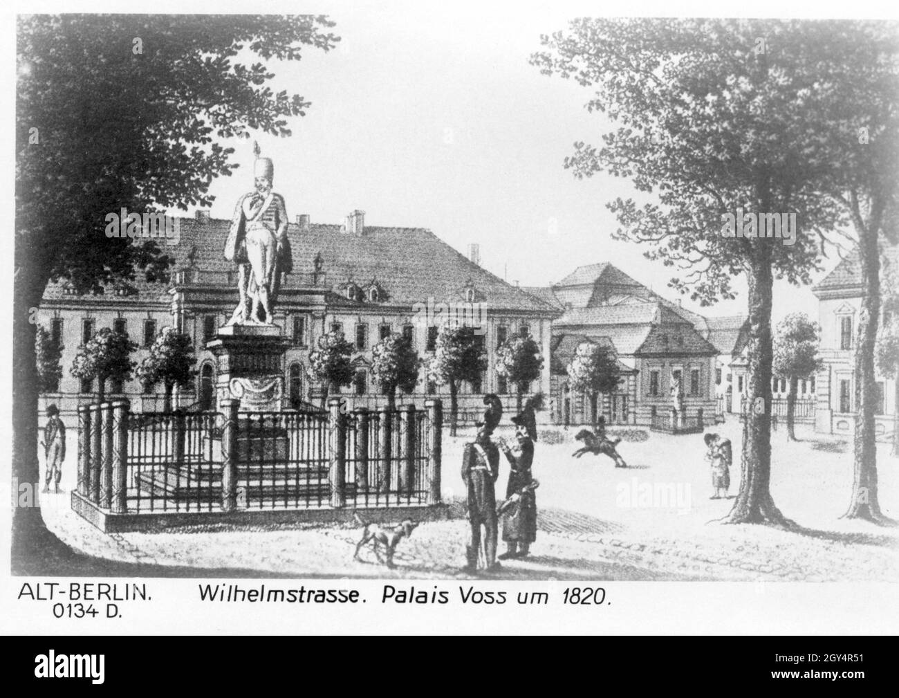 Le dessin montre le Palais Voss (ou Palais Marschall) sur la Wilhelmplatz à Berlin-Mitte vers 1820, avec le Palais Schulenburg (plus tard: Reichskanzlei) et l'Ordenspalais à côté de celui-ci sur la droite.Sur la place se trouve un monument au général prussien Hans Joachim von Zieten.[traduction automatique] Banque D'Images