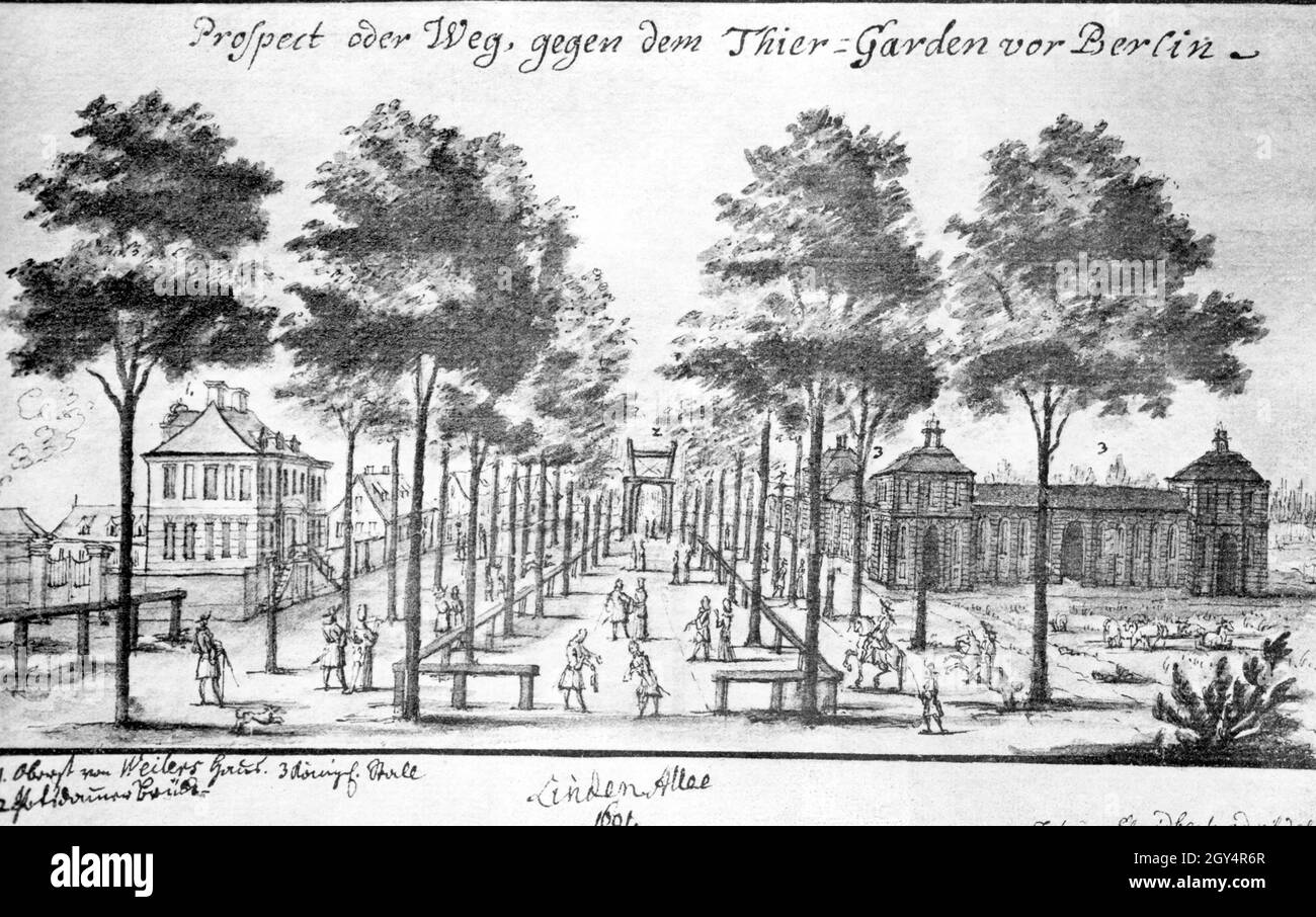 Ce dessin de 1601 montre la rue Unter den Linden à Berlin-Mitte avec une vue vers Tiergarten.Sur la gauche se trouve la maison du colonel von Weiler (1), au milieu du pont de Potsdam (2) et sur la gauche les Royal stables (3).[traduction automatique] Banque D'Images