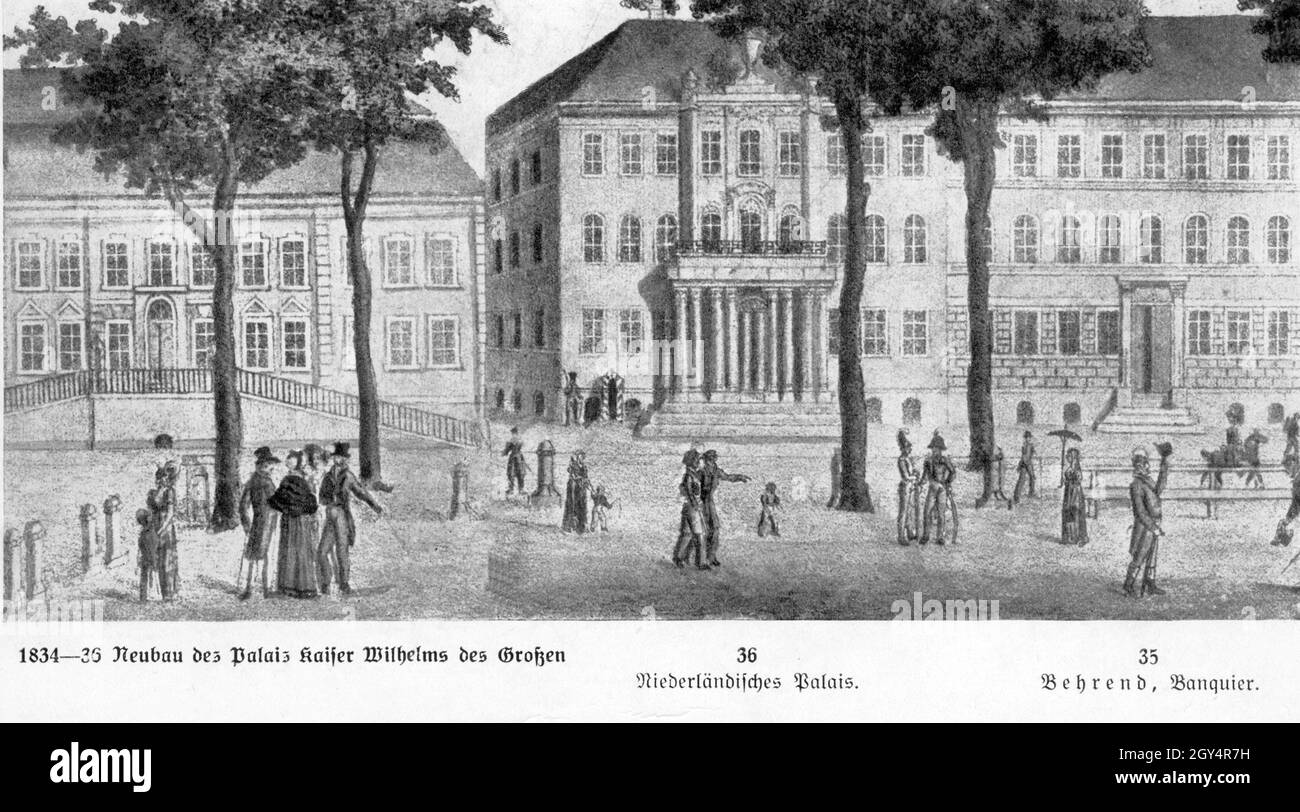 Le dessin montre le Vieux Palais, le Palais hollandais et le Palais de Banker Behrend dans la rue Unter den Linden à Berlin vers l'année 1835.[traduction automatique] Banque D'Images