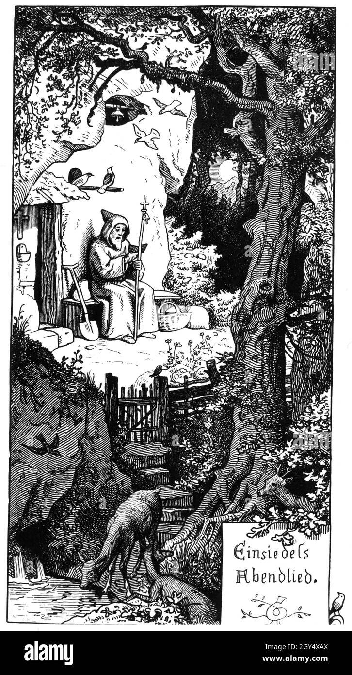 'La coupe de bois de Ludwig Richter montre un ermite.Il est assis sur un banc avec un personnel et une croix.Autour de lui est la forêt.Au premier plan, un cerf boit.Sur un signe au premier plan est écrit ''Einsiedlers Abendlied'', c'est aussi le titre de l'image.Il a été fabriqué au milieu du XIXe siècle.[traduction automatique]' Banque D'Images