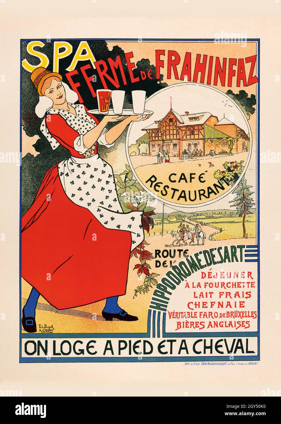 Affiche belge vintage par Ed.Duyck et A. Crespin vers 1896.Belge , ca.1880 annonçant la ferme de Frahinfaz café et restaurant près de Spa Belgique Banque D'Images