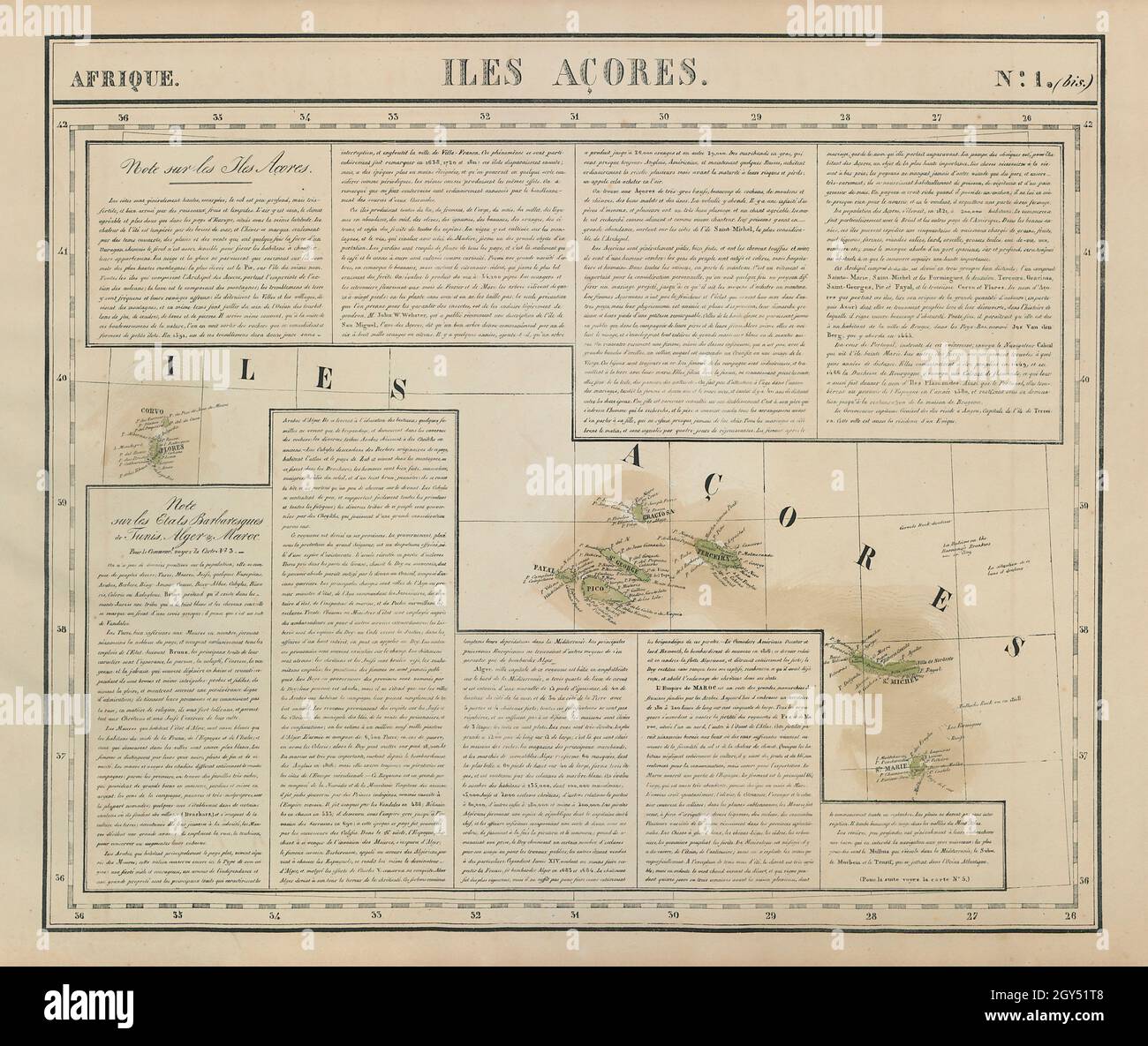 Afrique.Iles Açores #1 bis.Archipel des Açores.Atlantique.Carte VANDERMAELEN 1827 Banque D'Images