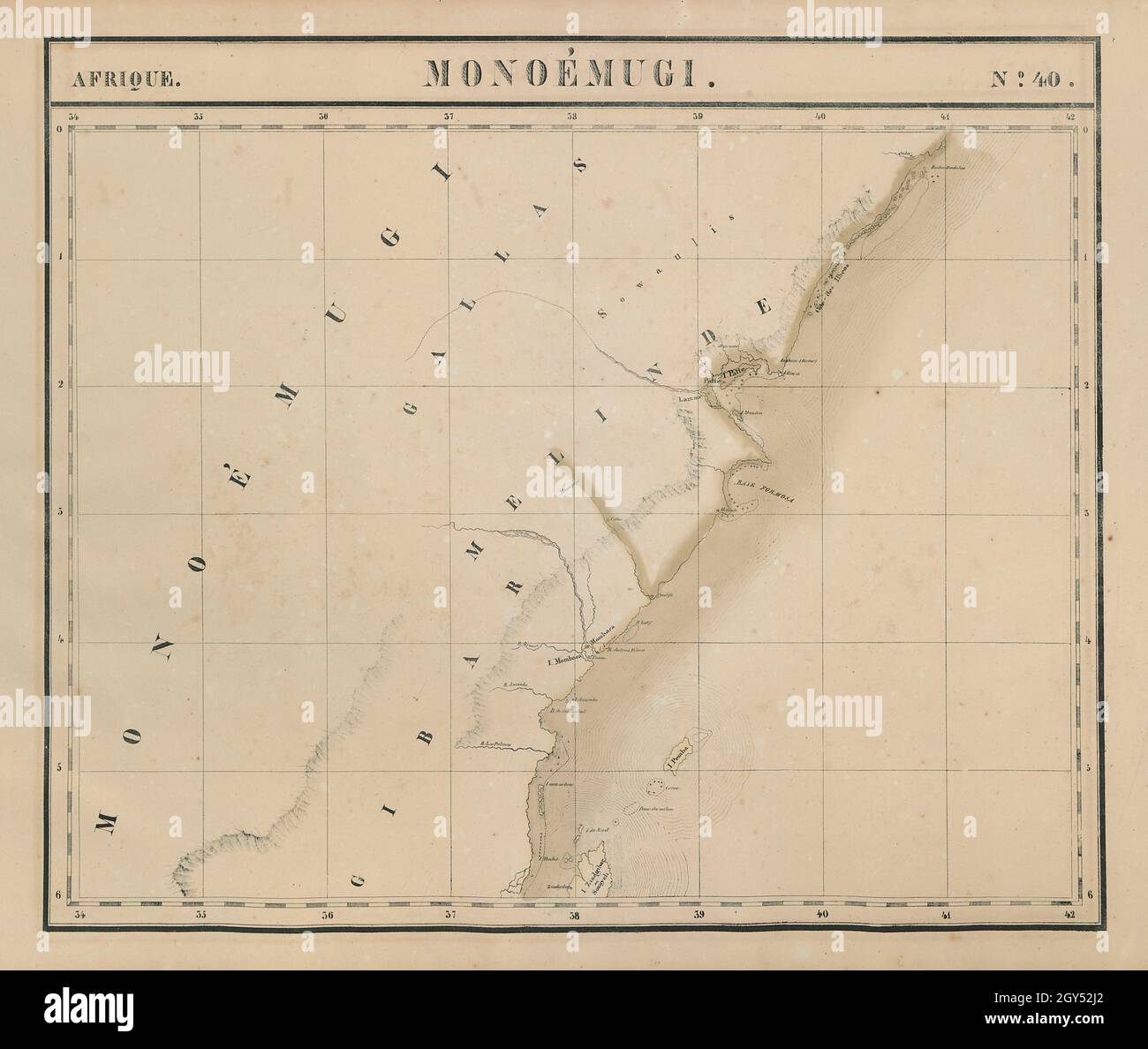 Afrique.Monoémugi #40 Kenya, Nord de la Tanzanie et Zanzibar VANDERMAELEN 1827 carte Banque D'Images