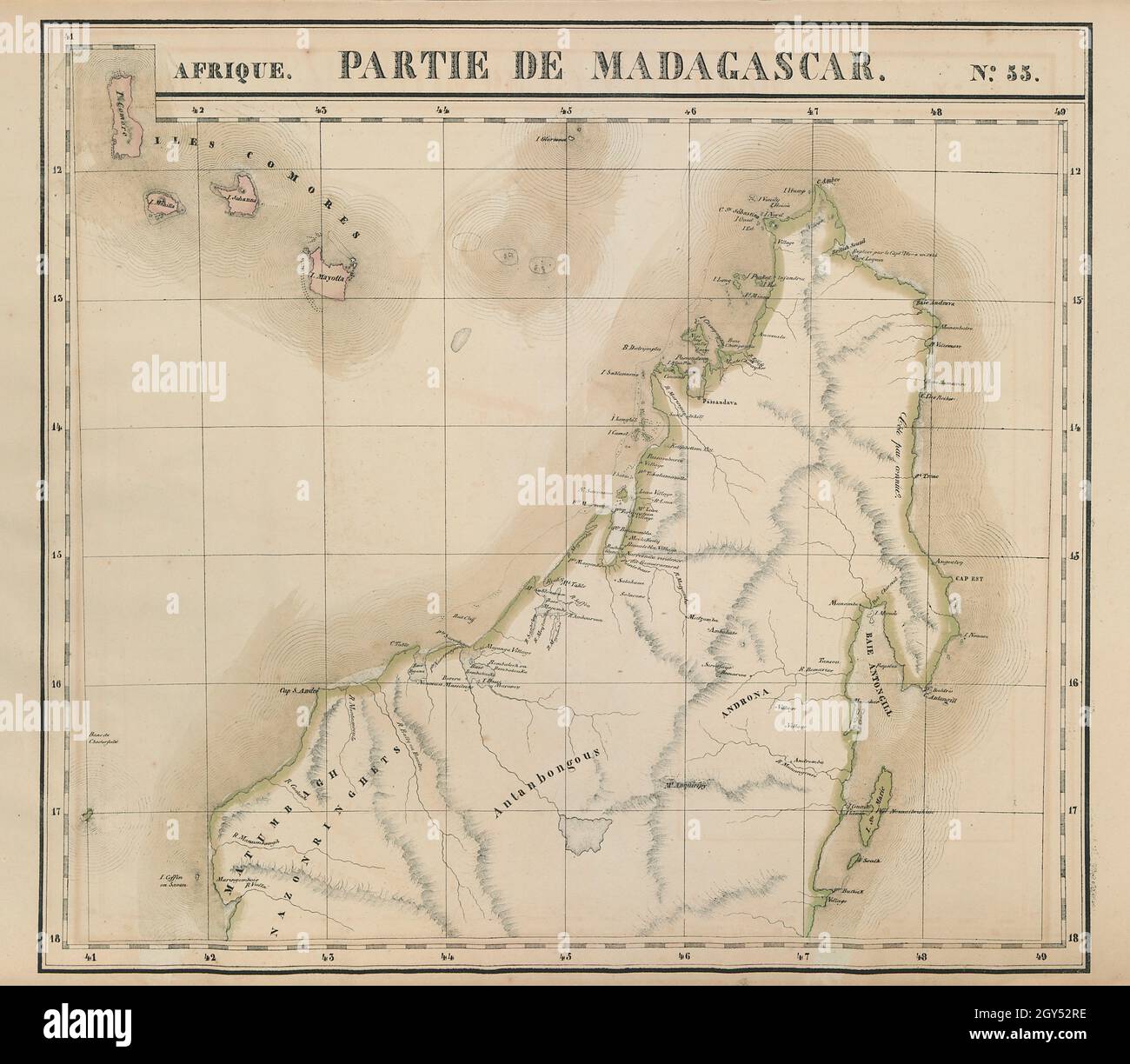 Afrique.Partie de Madagascar #55 Nord Madagascar Comores VANDERMAELEN 1827 carte Banque D'Images