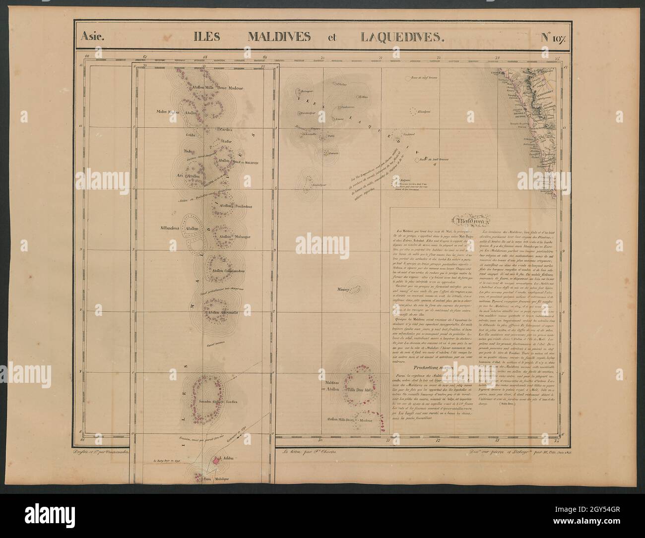 Asie.Iles Maldives Laqueplongées 107 Inde Kerala Laccadives VANDERMAELEN 1827 carte Banque D'Images