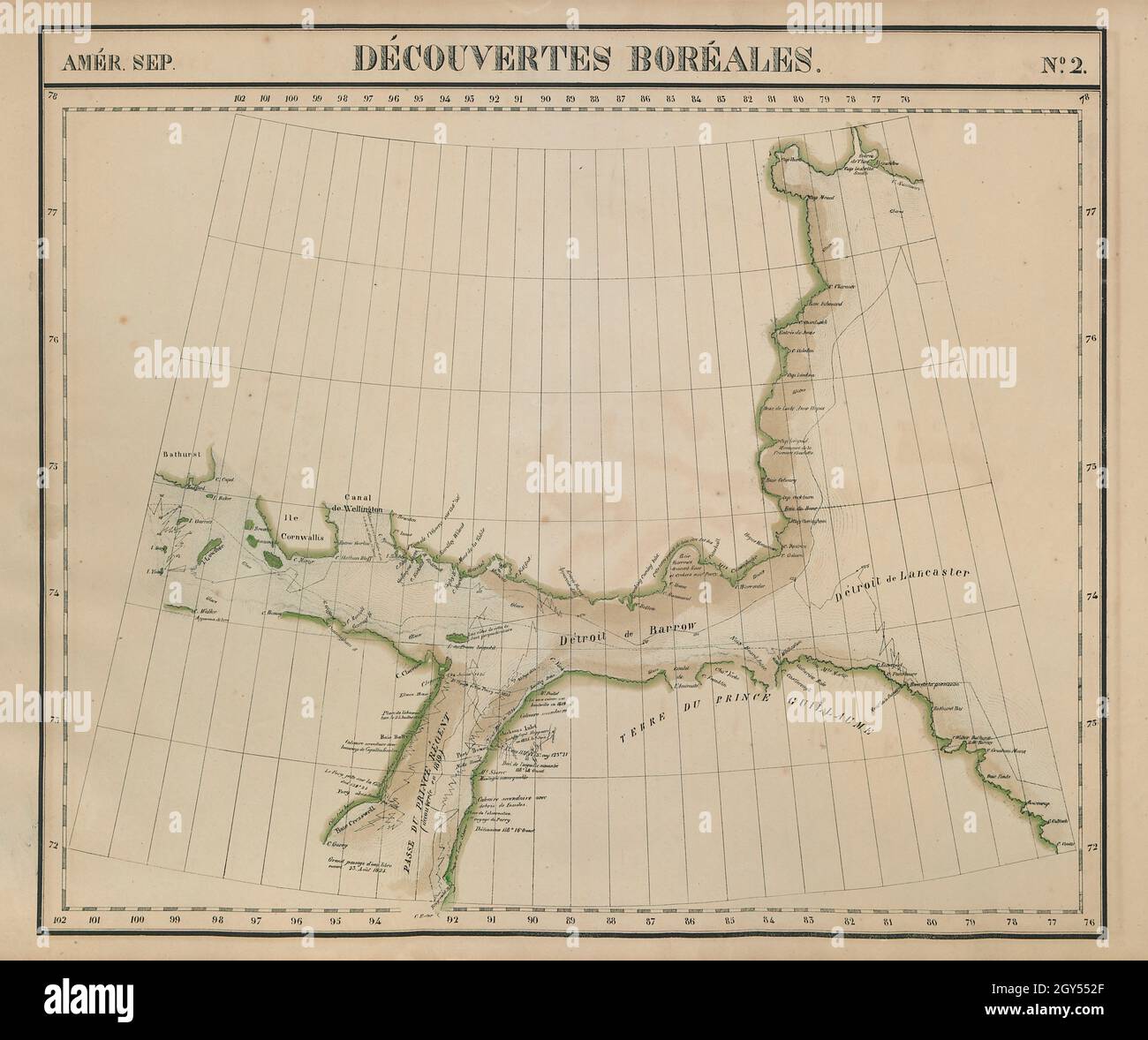 Amér.Septembre. Découvertes Boreales #2.Nunavut.Carte VANDERMAELEN 1827 du détroit de Barrow Banque D'Images