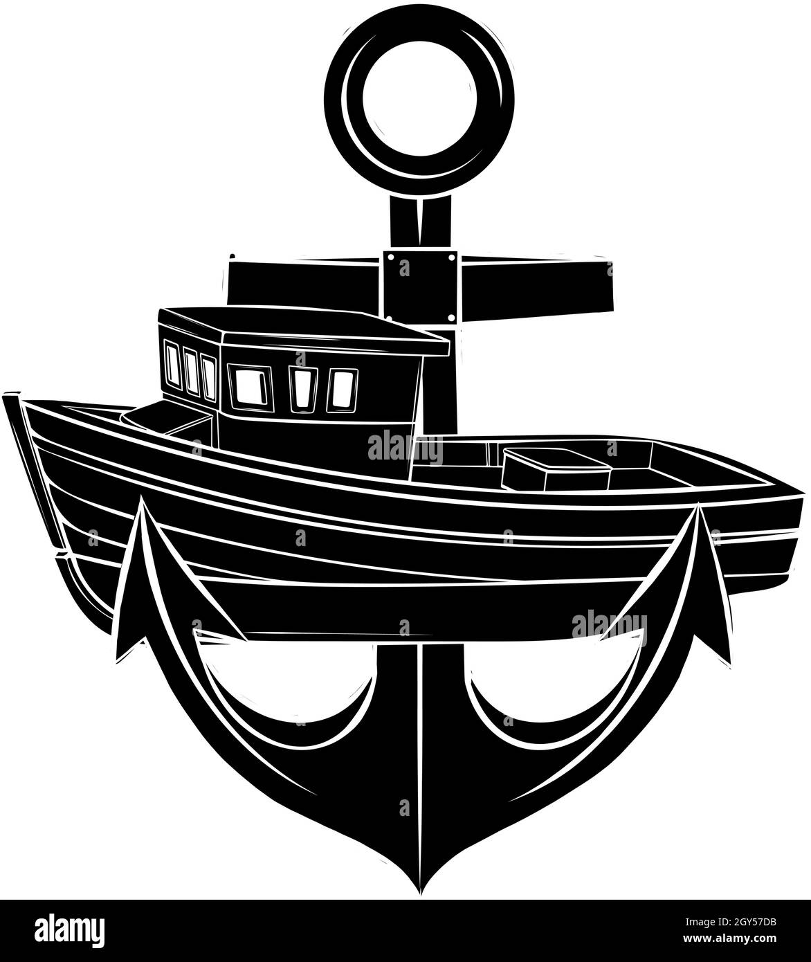 Silhouette vectorielle de bateau de pêche avec ancre Illustration de Vecteur