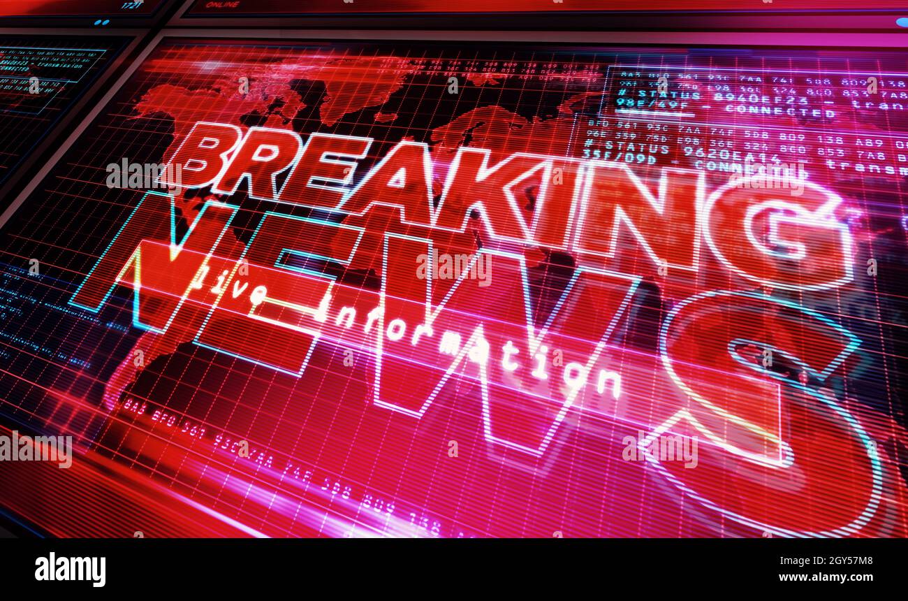 Informations de rupture sur l'écran de l'ordinateur.Diffusion, médias en direct, information de titre et communication résumé concept illustration 3d. Banque D'Images