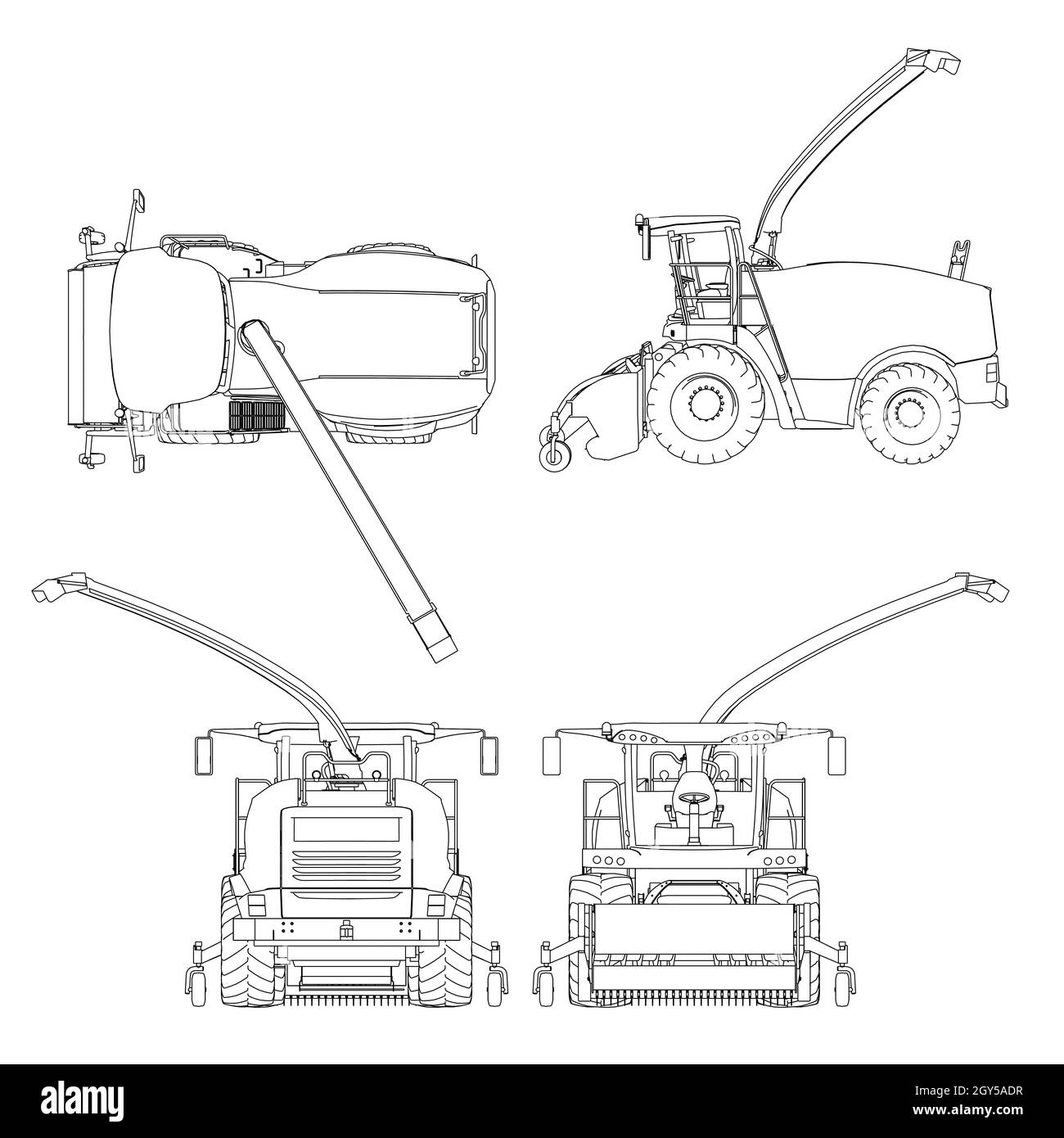 Régler avec la moissonneuse-batteuse à partir de lignes noires isolées sur fond blanc.Vue latérale, dessus, avant, arrière.Illustration vectorielle. Illustration de Vecteur