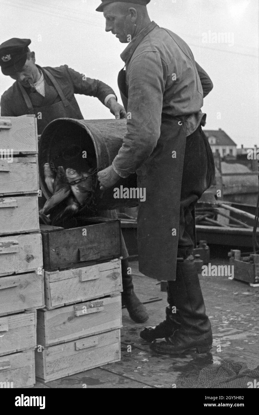 Zwei Hochseefischer BEI der Arbeit an Deck, Deutschland 1930er Jahre.Deux pêcheurs en haute mer travaillant sur le pont, Allemagne des années 1930. Banque D'Images