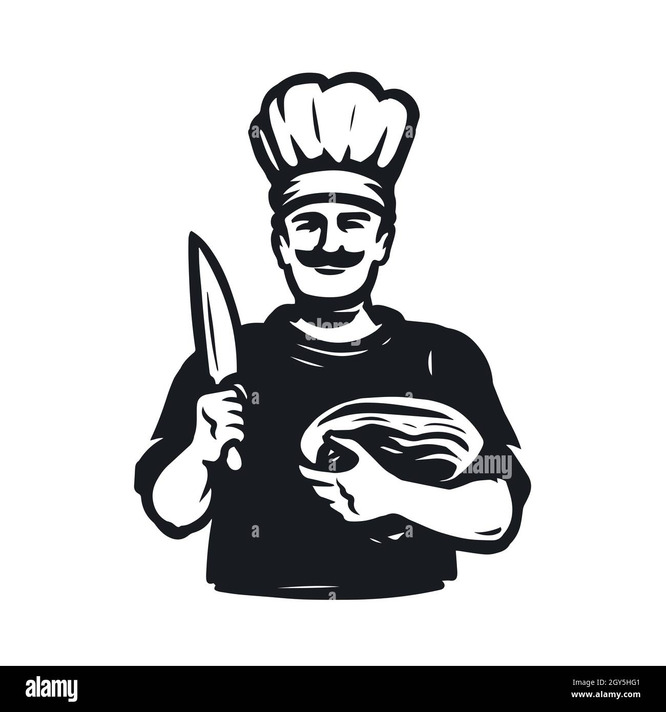 Chef avec couteau pour couper la viande.Logo de la boutique de boucher.Concept alimentaire pour le menu du restaurant Illustration de Vecteur