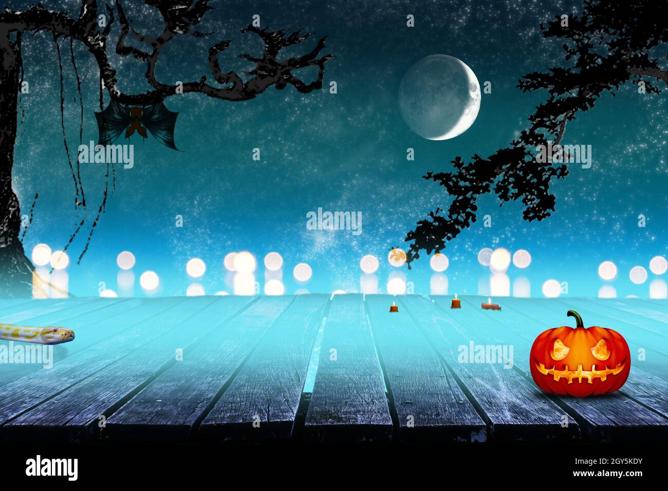 Halloween Concept avec lune, étoile, Arbre, pont, chauve-souris et les citrouilles dans Fantasy nuit. Banque D'Images