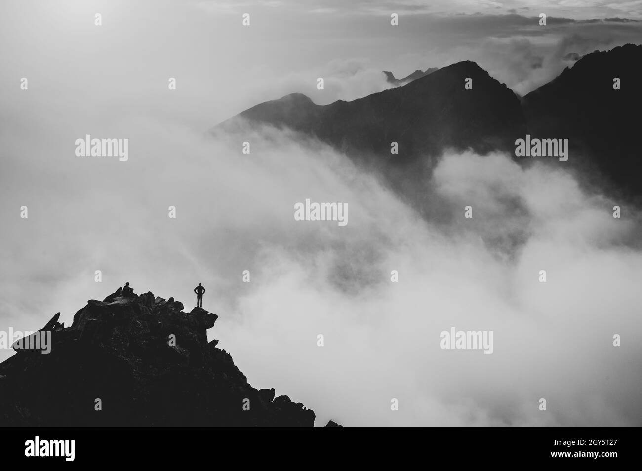 Jeune randonneur regardant la montagne avec le brouillard et la brume entourant les pics et la forêt. Banque D'Images