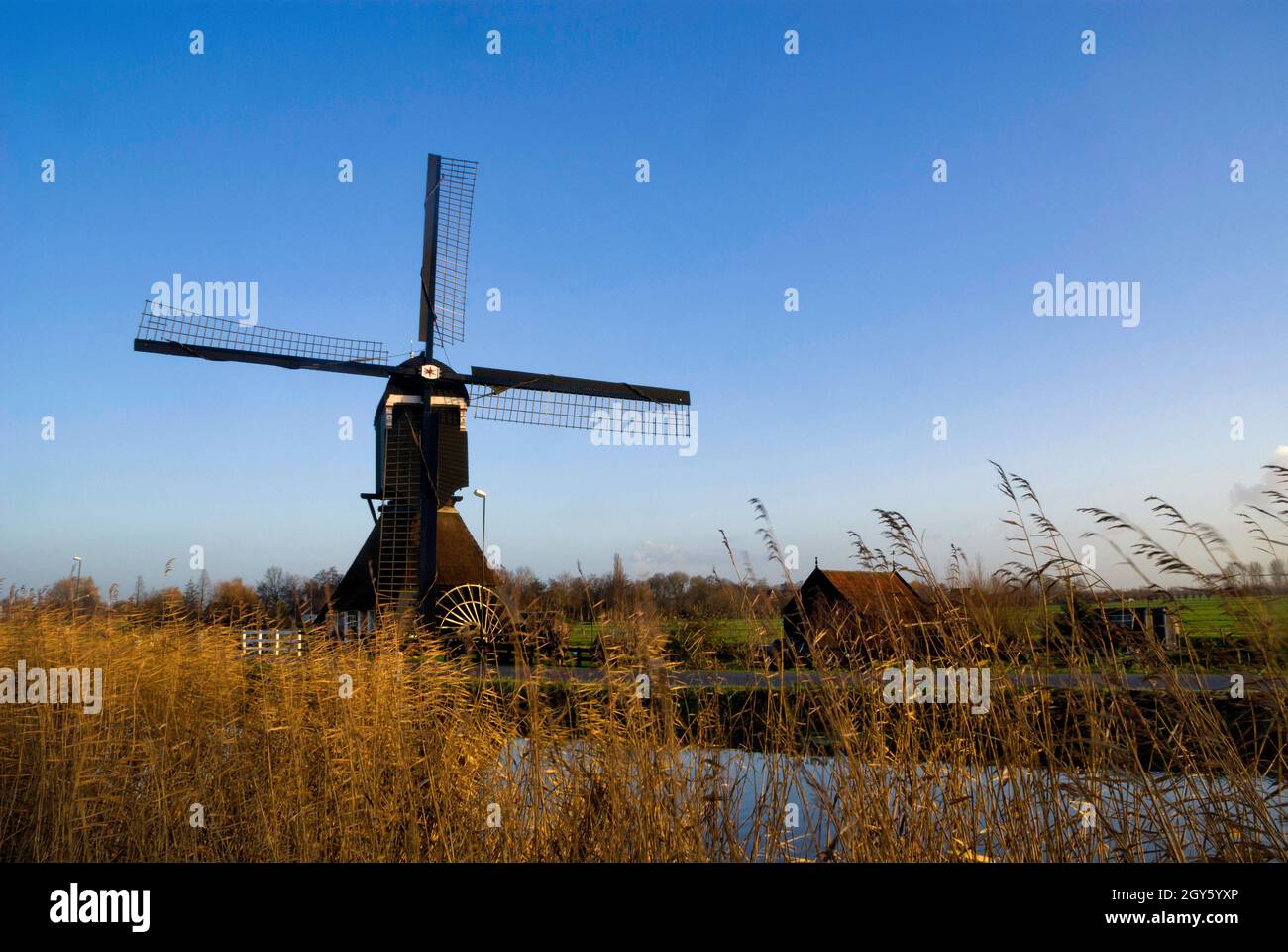 Moulin le Gelkenesmolen près du village hollandais Groot-Ammers est l'un des quatre moulins à vent se tenant le long du canal Ammersche Boezem Banque D'Images