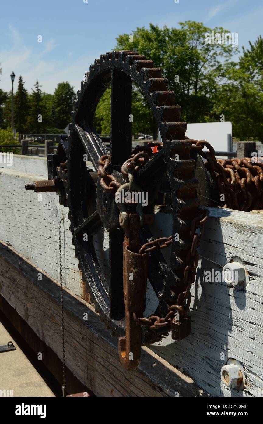 Un gros plan d'un vieux matériel pour le fonctionnement des écluses du canal Rideau à Smiths Falls (Ontario). Banque D'Images