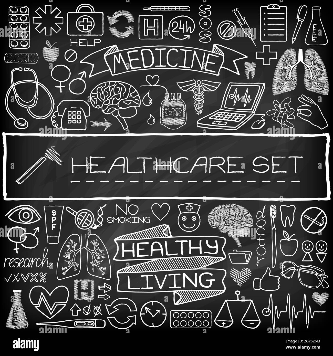 Ensemble médical d'icônes dessinées à la main avec des outils médicaux et scientifiques, des organes humains, des diagrammes, etc. Effet tableau noir.Illustration vectorielle. Banque D'Images