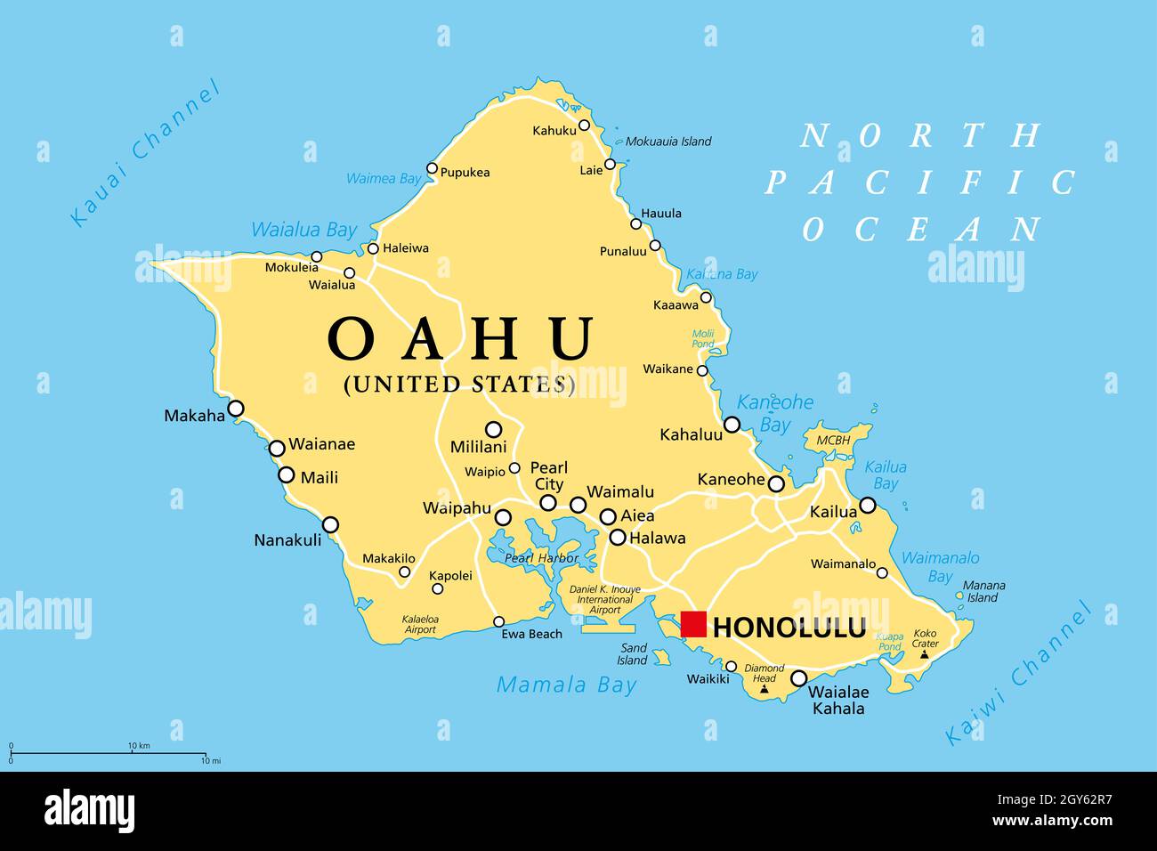 Oahu, Hawaï, carte politique avec la capitale Honolulu.Partie des îles hawaïennes et Hawaï, un état des États-Unis dans l'océan Pacifique Nord. Banque D'Images