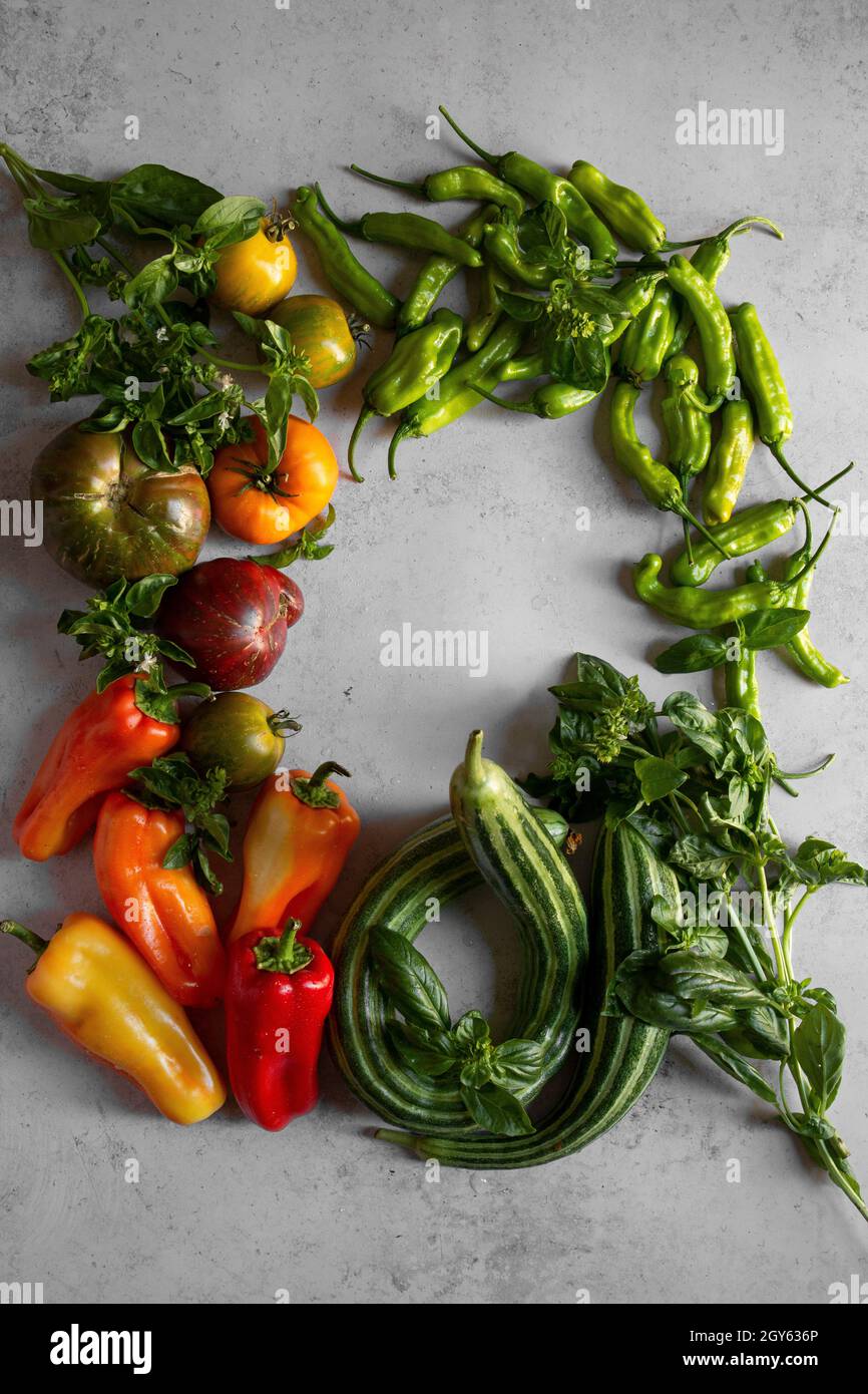 Poivrons d'été, tomates, concombres et basilic Banque D'Images