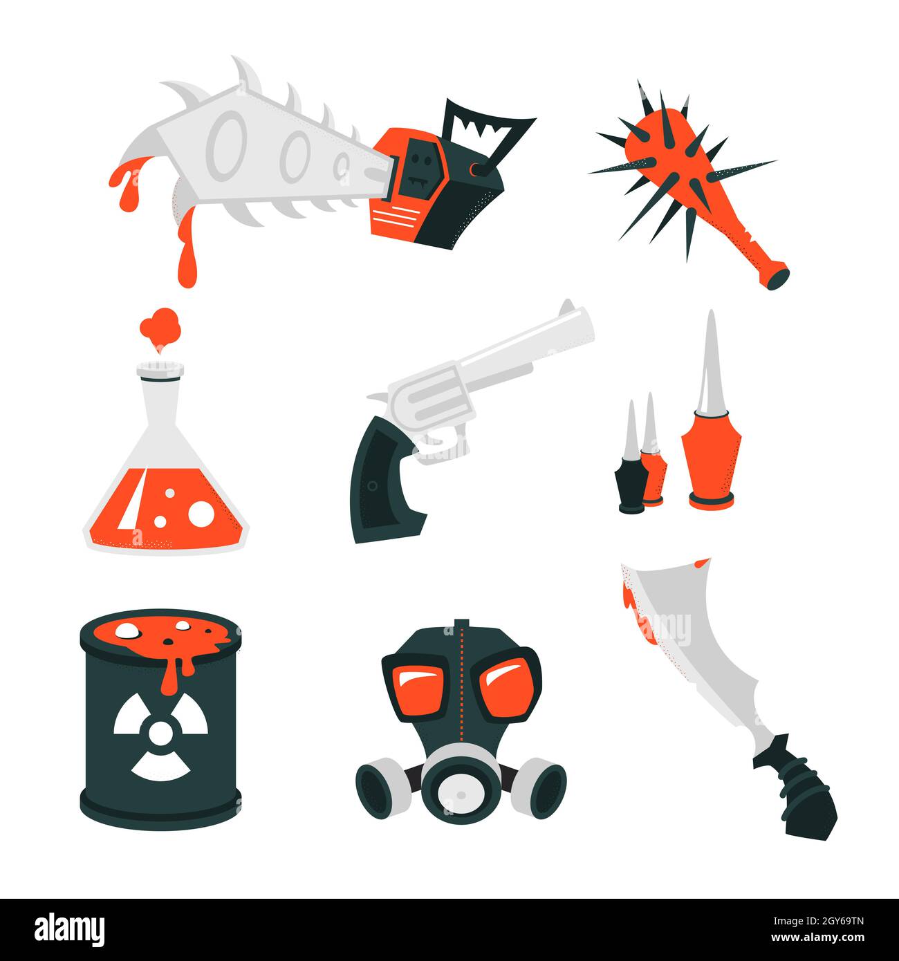 Joyeux Halloween - ensemble coloré d'objets isolés sur fond blanc.Éléments de vacances d'automne traditionnels.Images noir et rouge d'arme, tronçonneuse Illustration de Vecteur