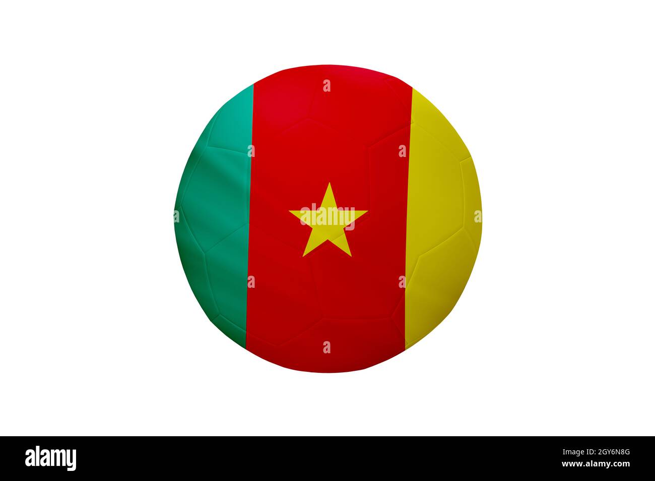 Football aux couleurs du drapeau camerounais isolé sur fond blanc. Dans une image de championnat conceptuel soutenant le Cameroun. Banque D'Images