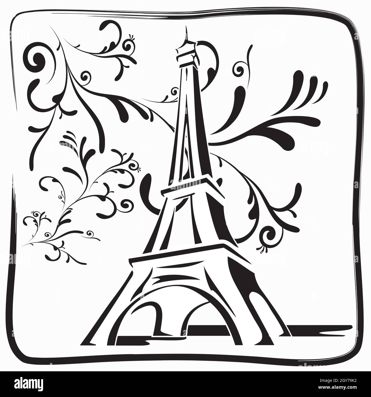 Illustration dessin de la Tour Eiffel à Paris avec feuillages et cadre en noir et blanc, dessin à la main Illustration de Vecteur