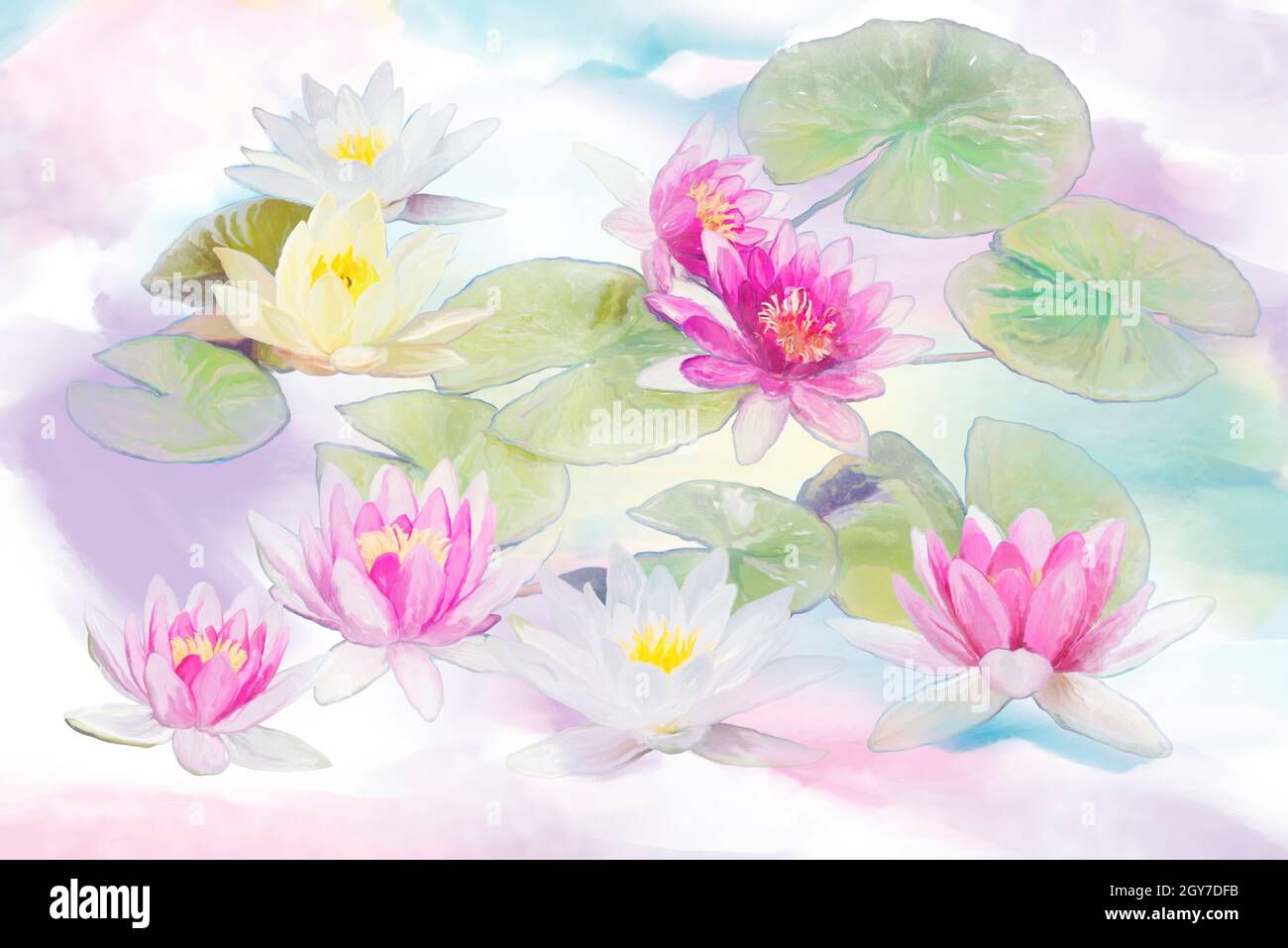 Fleurs de nénuphars roses et blanches dans un étang. Peinture numérique. Banque D'Images