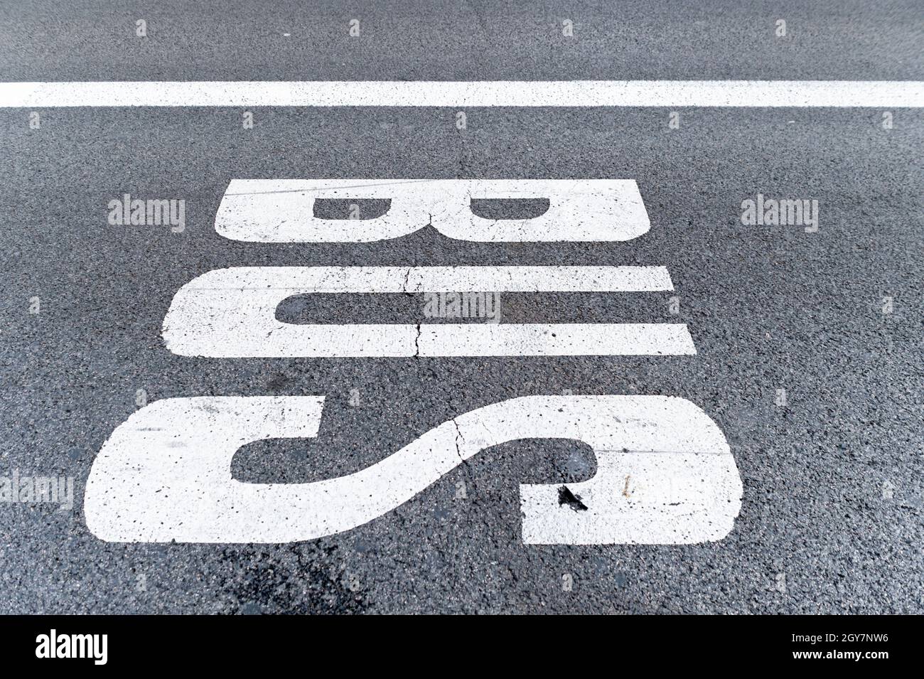 Panneau de bus peint sur le pavé d'une voie de rue, vous pouvez voir la texture de l'asphalte avec une ligne fissurée.Signal et concept urbain Banque D'Images